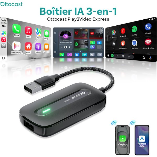 Ottocast 2026 Play2Video Express Kabelloser CarPlay-Adapter für Auto AI Box Kabelloser Android Auto-Adapter Plug & Play YouTube Netflix Spotify IPTV Schneller Versand aus Frankreich
