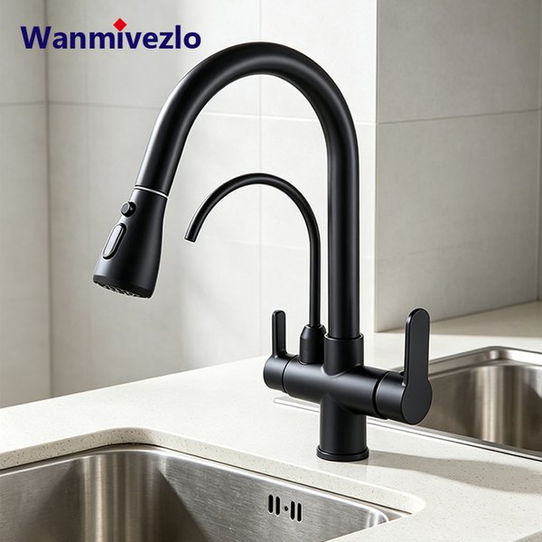 Robinet de cuisine avec douchette extractible, double poignée, en acier inoxydable, avec sortie pour eau potable pour filtre à eau