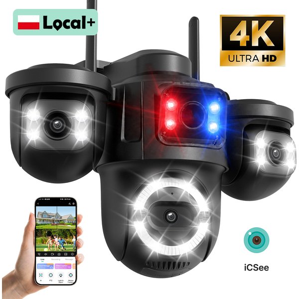Kamera IP WONSDAR iCsee WiFi Zewnętrzna z Potrójnym Obiektywem, Trzema Ekranami, Kamerą PTZ, Wykrywaniem AI, Monitoringiem Wideo i Inteligentnym Noktowizorem