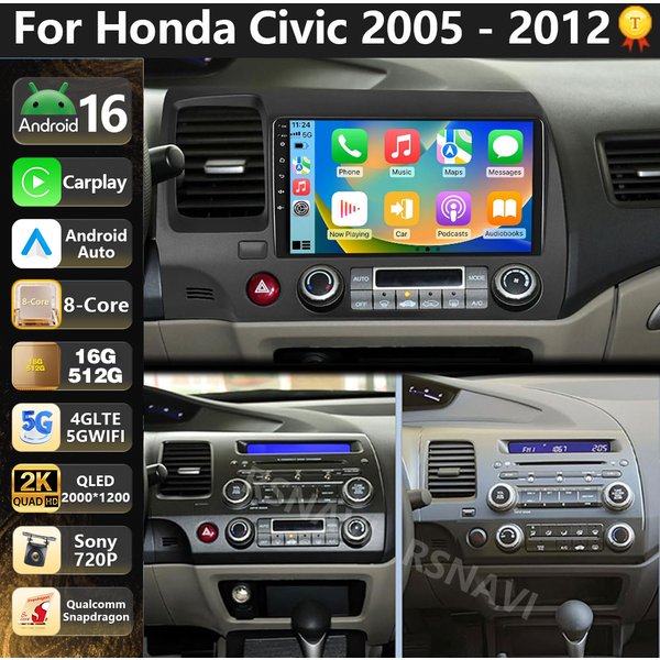 Qualcomm Android 16 For Honda Civic 8 FK FN FD 2005 - 2012 2K QLED Car Radio Multimedia Video Player GPS 4G CarPlay Auto Stereo