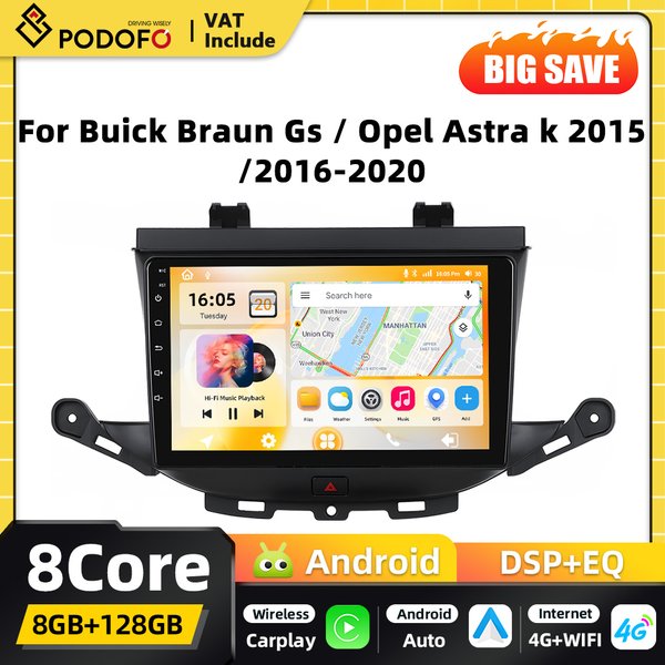 Podofo 8CORE Carplay 2DIN Android Radio Samochodowe Multimedialny Odtwarzacz Dla BUICK Braun GS 2015 Opel ASTRA K 2016-2020 GPS Autoradio FM RDS