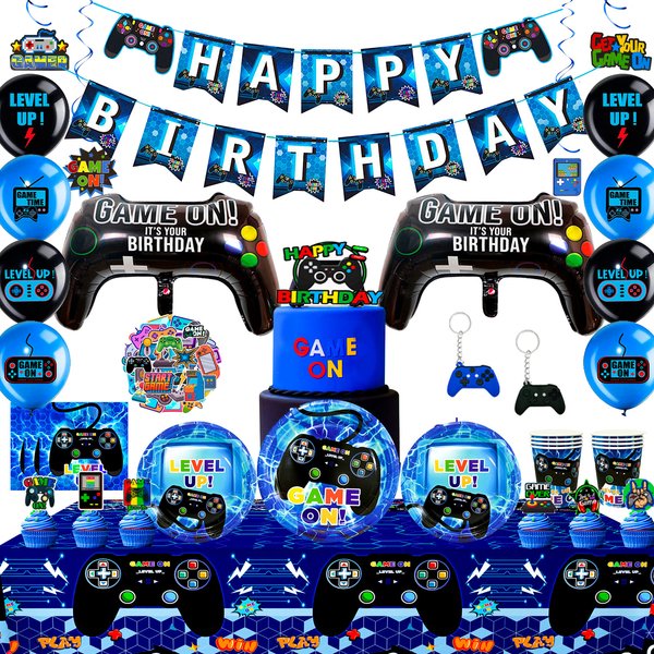 151-teiliges Set mit Partydekorationen und Tischgeschirr für Videospiel-Partys – Teller, Becher, Servietten, Tischdecke, Luftballons, Banner, Hängeornamente usw. – Videospiel-Geburtstagsdekorationen