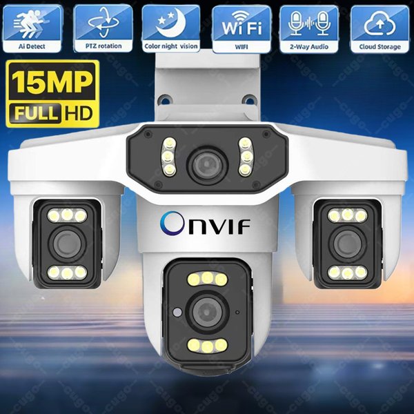 Caméra de sécurité WIFI 8K 15MP, trois écrans, caméra extérieure, quatre objectifs, détection humaine par IA, étanche, caméras vidéo IP CCTV, Onvif Yoosee