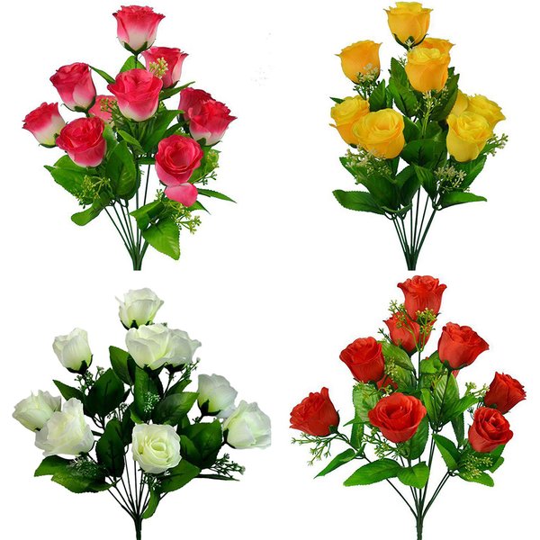10 Heads Stems Artificial Silk Fake Flowers Rose Bud Bunch Wedding Bridal Bouquet Flowers Home Outdoor Party Decoration
