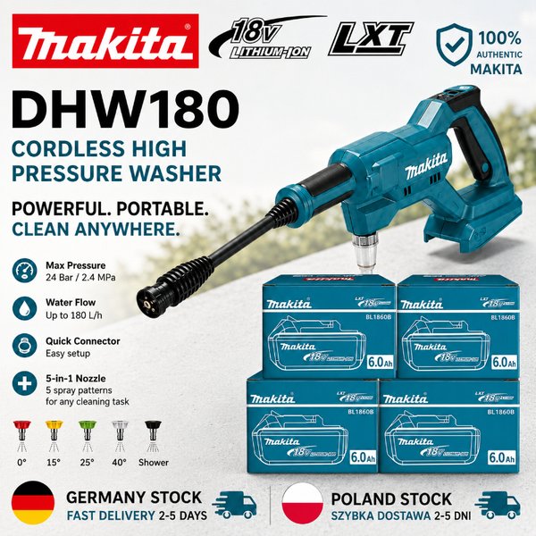 Original Makita DHW180 18V Akku-Hochdruckreiniger Tragbarer Hochdruckreiniger Wassersprühpistole Autowaschanlage für Garten Terrasse Boden Fensterreinigung Kompatibel mit Makita LXT Akku EU-Lieferung