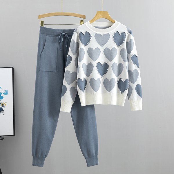 Mode femmes pull 2 pièces ensembles Chic tricot broderie perle coeur forme pulls haut + printemps sarouel Sport survêtements costume