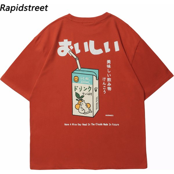 Hip Hop Tshirt Men Japanese Kanji Drink Graphic T Shirt Streetwear Harajuku Summer Short Sleeve T-Shirt Unisex Tops Orange