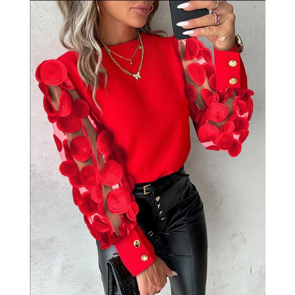 Mode lanterne manches bouton épissage chemise femmes élégant bureau banlieue O cou Blouse femme automne printemps quotidien décontracté hauts