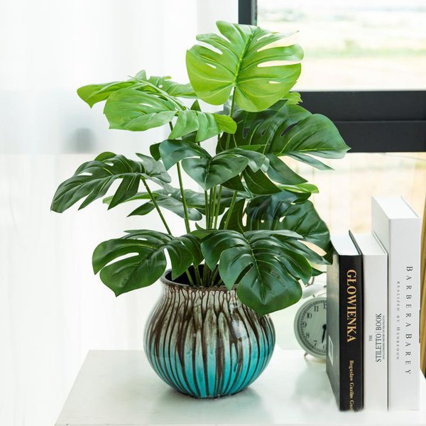 Arbre Monstera artificiel, 43cm, 12 fourchettes, fausses plantes vertes, feuilles persistantes en plastique, fausse feuille de palmier tropicale pour décoration de jardin de maison
