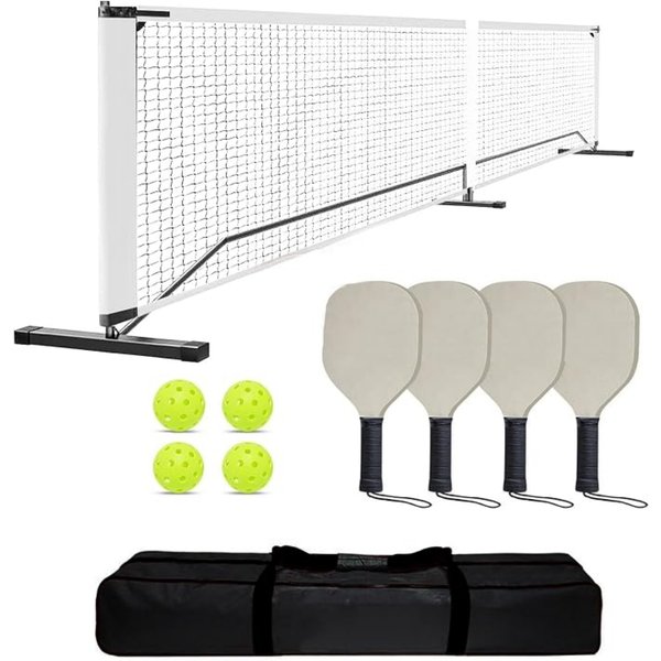 Portables Pickleball-Netz-Set 22 ft | verstellbares Metallgestell + 4 Schläger + 4 Bälle + Tragetasche – komplettes Turnier-Set für Outdoor & Indoor