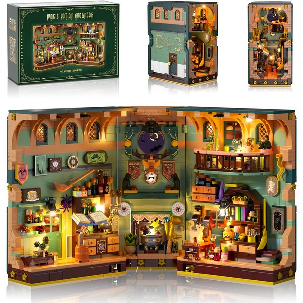 INSOON Magisches Buchnook-Bauset mit Beleuchtung für Kinder ab 8 Jahren, Weihnachtsgeschenk, 990 Teile, Halloween-Magie-Buchnook-Bausatz, Bücherregal, Heimdekoration, DIY-Hausmodell für Erwachsene