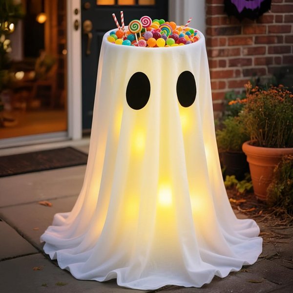 Stojący, świecący duch na Halloween z wiaderkiem na słodycze, regulowana wysokość, świecąca miska na cukierki w kształcie ducha, wielokrotnego użytku pojemnik na cukierki na Halloween.