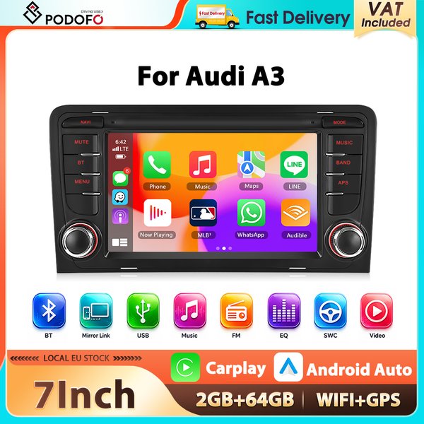 Podofo 2+64G 7'' Autoradio für Audi A3 2003-2012 Multimedia-Player GPS-Navigation Carplay Android Auto WIFI EQ FM/RDS Auto-Audio