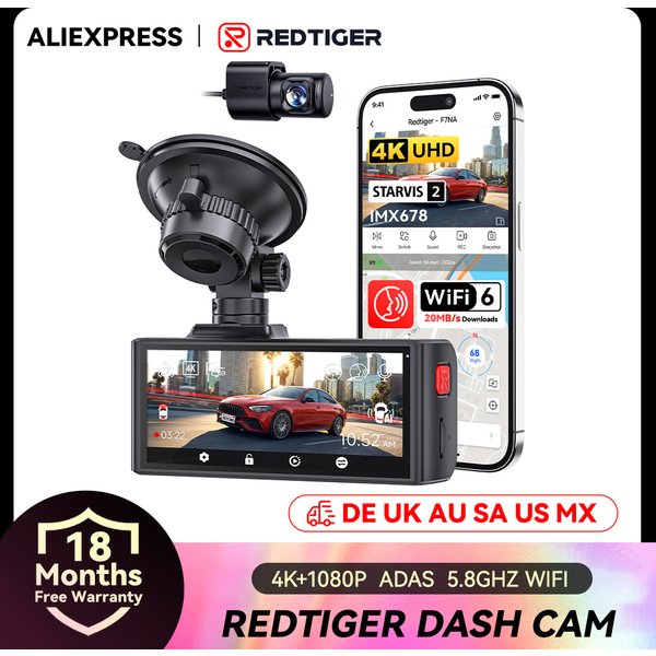 REDTIGER F7NA 4K+1080P Dashcam mit integriertem 5.8G WiFi und GPS, drei Steuerungsmodi, 24-Stunden-Parküberwachung