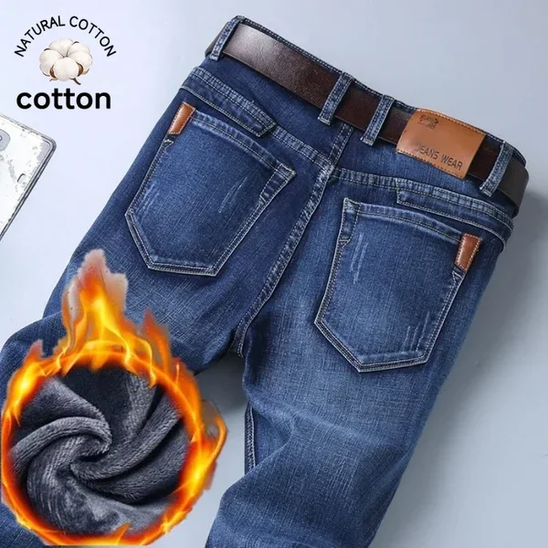 Neue warme Winter-Fleece-Retro-Jeans für Herren, Stretch-Denim-Hose in Unifarben, verdickte Baumwollmischung, Outdoor-Hose, Übergröße 40