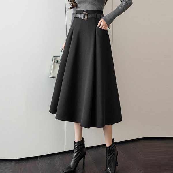 Coffee Elegant Fashion Winter Warm Wool Skirt For Woman 2023 High Waist Casual Big Swing Mid-Long Skirt With Belt