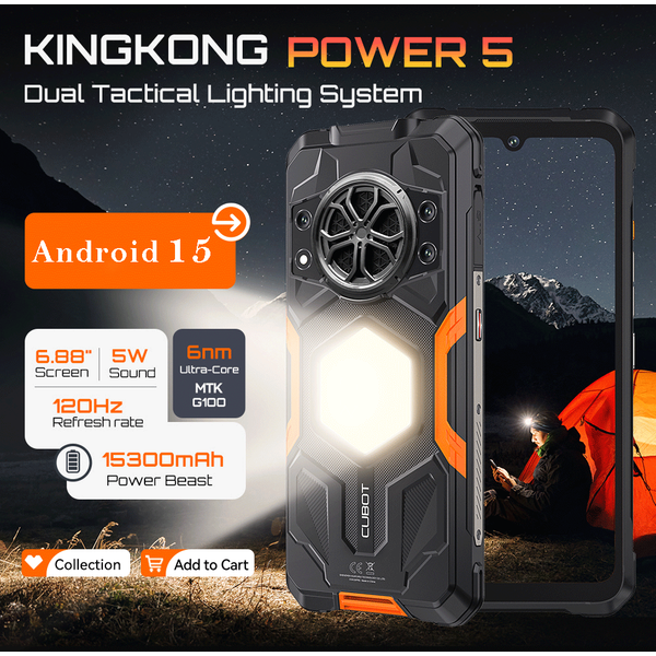 Cubot KingKong Power 5, robuste smartphone Android 15, batterie 15 300 mAh, écran 6,88 pouces 120 Hz, 16 Go de RAM (6Go + 10Go étendus), 128 Go de ROM, MTK G100, 4G telephone portable, Lampe de