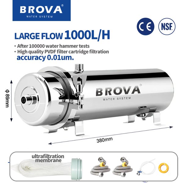BROVA Whole House High Flow UF Water Purifier 0.01μm Stainless Steel Mineral Filter with Washable Reusable PVDF Membrane 1000L