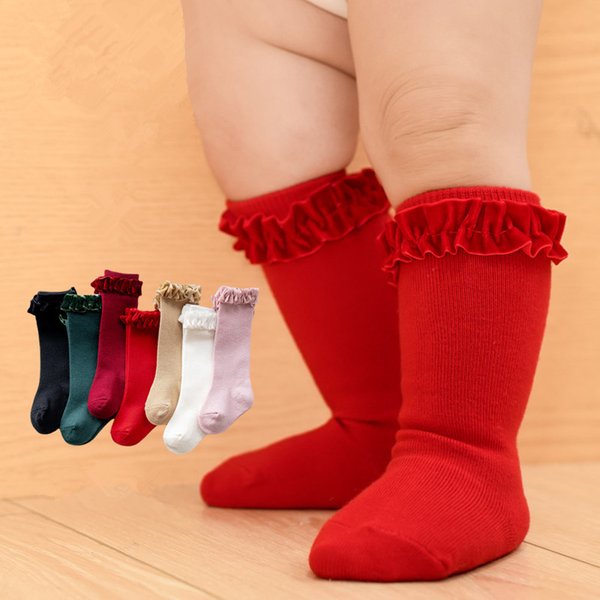 Chaussettes hautes à volants pour bébés filles, chaussettes hautes pour tout-petits, coton solide, dentelle, fleur, longues, cadeau de Noël pour enfants, 0-3 ans