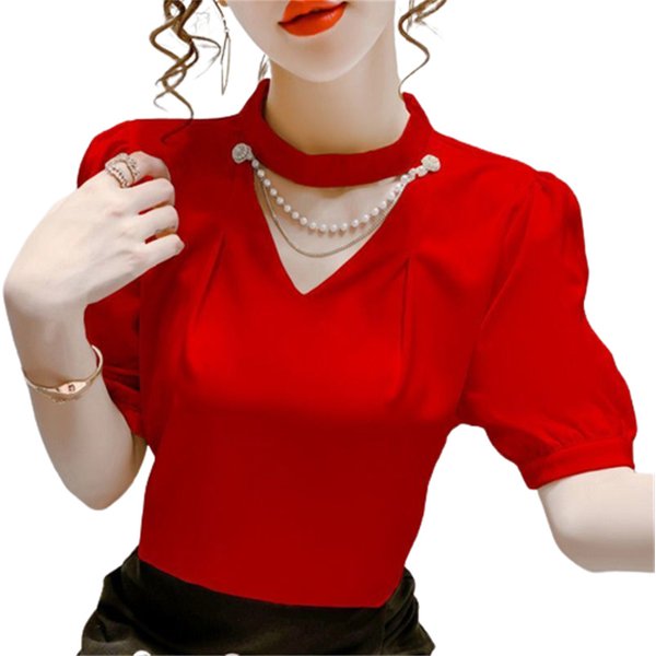 Chemises bouffantes à col rond pour femmes, chemisiers de Style estival et décontracté, à manches courtes, couleur unie, à la mode, WY0227