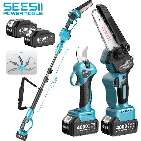SEESII 3-in-1 Bürstenlose Akku-Elektroschere 30mm 6'' Bürstenlose Elektrokettensäge mit 2,4m Verlängerungsstange für Makita 18V Akku