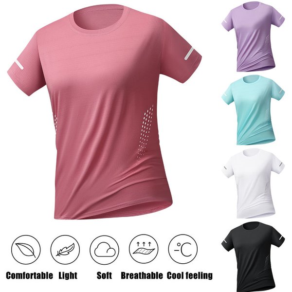Damen Sommer Lauf-T-Shirt Training Jogging Feuchtigkeitsableitendes T-Shirt Damen Fitness Dünnes Atmungsaktives Eisseide Kurzarm-Shirt