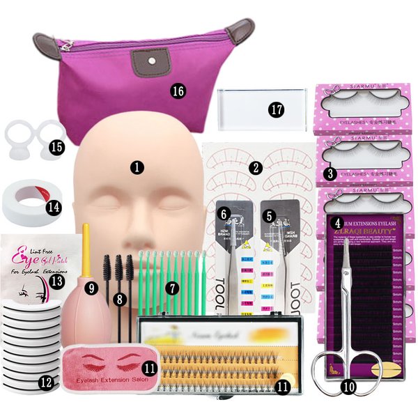 Kit de formation d'extension de faux cils, tête de modèle de pratique, coussinets pour les yeux, pince à épiler, anneau de colle, brosse, outils de greffe de cils