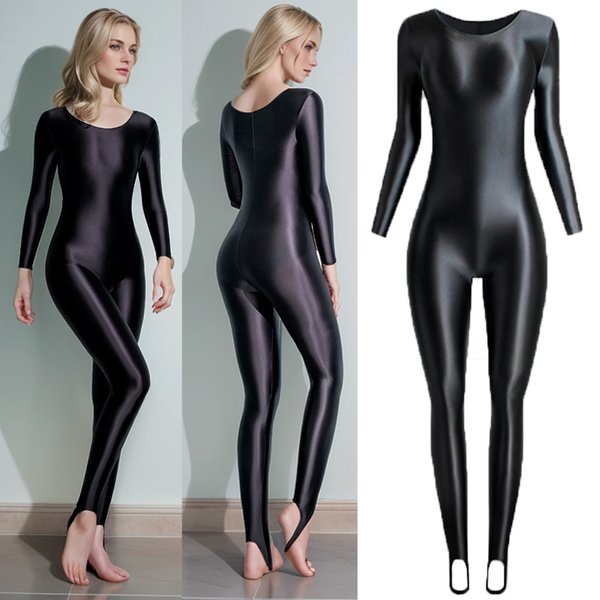 MJINM Women Satin Glossy Smooth Tights One Piece Round Neck Bodysuit Silky Long Sleeve Oil Yoga Fitness Overall Spandex Jumpsuit