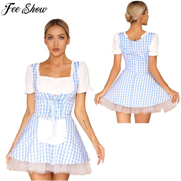 Miss Muffet Cosplay fur s pour femmes, devant à lacets, tablier à volants, robe de femme de chambre à carreaux pour la fête d'Halloween, mascotte