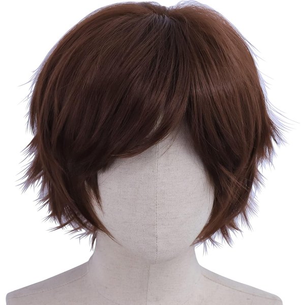 Perruque de cosplay marron à couches courtes pour hommes/femmes, perruques synthétiques résistantes à la chaleur pour costume de fête Anime Con