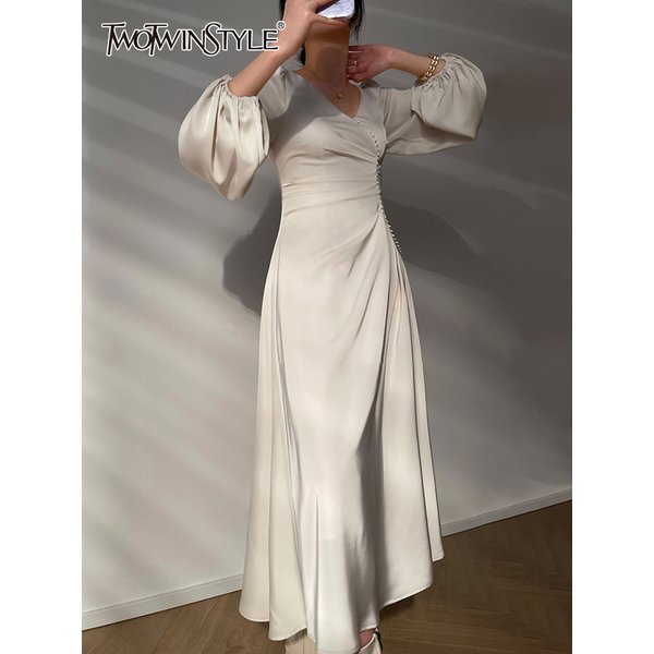 TWOTWINSTYLE Elegant Dress For Women V Neck Lantern Sleeve High Waist Solid Ruched Minimalist Midi Dresses Female Clothing Style