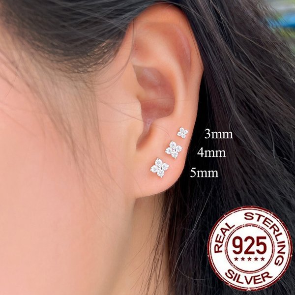 CWWZircons 925 en argent Sterling Mini Piercing boucles d'oreilles mignon fleur cubique zircone bijoux fins pour femmes fille fête de mariage SE026