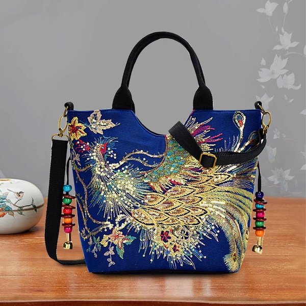 Einkaufstasche mit Pailletten im Ethno-Stil, Handtaschen mit Pfauenstickerei, Vintage-Umhängetasche aus Segeltuch
