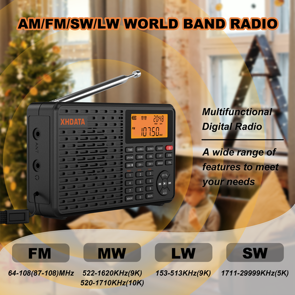 XHDATA D109 Weltband-Radio DSP AM FM SW LW Empfänger Tragbarer Bluetooth-Lautsprecher MP3-Player mit TF-Kartenunterstützung Wecker