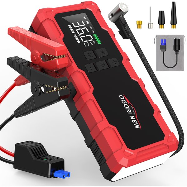 Démarreur de saut avec compresseur d'air 150PSI, Booster de batterie de voiture portable 8000/9000A (tous les gaz/16L Diesel)