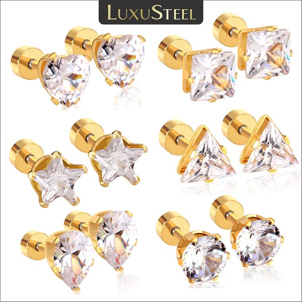 Boucles d'oreilles de luxe en forme de cœur en cristal de 6MM pour hommes et femmes, clous géométriques en acier inoxydable plaqué or, bijoux minimalistes