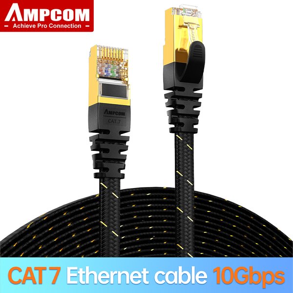 Câble Ethernet AMPCOM CAT7 (10G 600 MHz), cordon de raccordement réseau RJ45 plat blindé, fil plaqué or 50u, tressé en polyester