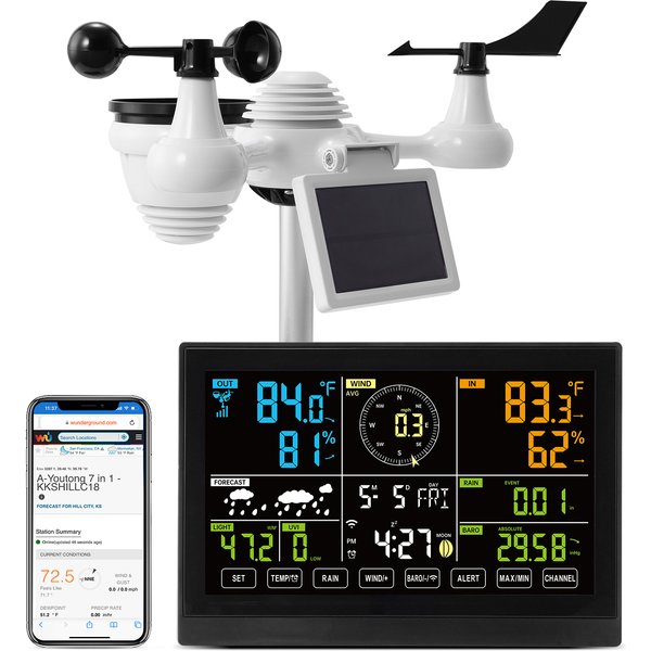 Station météo Wi-Fi 7-en-1 SucceBuy avec écran couleur de 7,5 pouces + capteur extérieur solaire sans fil, alertes de température et d'humidité