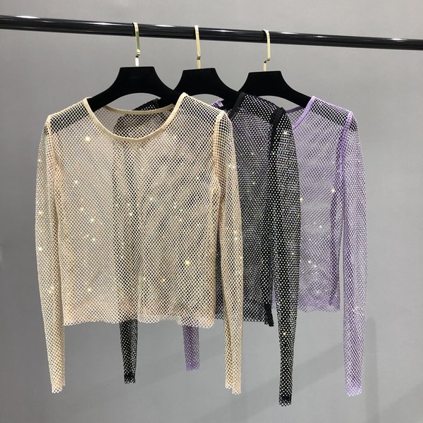 Summer bright diamond sexy mesh perspective bright diamond slim fit bottoming shirt rhinestone shiny hollow net shirt women'stop