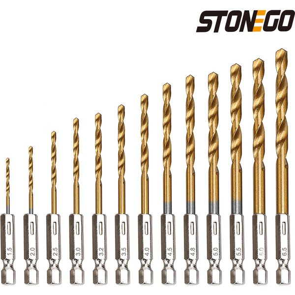 STONEGO 13 pièces 1.5mm-6.5mm jeu de forets titane enduit acier rapide tige hexagonale ouvre-trou pour bois plastique aluminium