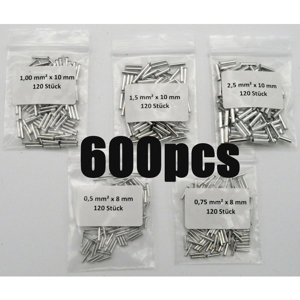 Assortiment de embouts d'extrémité de fil combinés de bornes nues de Type Tube, 600 pièces, 0.5 / 0.75 / 1.0 / 1.5 / 2.5 mm2, vierge non isolée