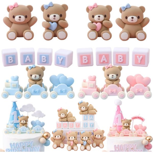 Geburtstagstorte-Topper, niedlicher rosa blauer Bär, Zugbälle, Kuchen-Dekoration, für Jungen und Mädchen, 1. Geburtstag, Party, Babyparty-Zubehör