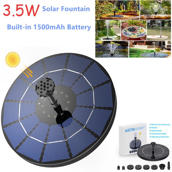 3,5 W Solar-Brunnenpumpe, Solar-Wasserpumpe, schwimmender Brunnen, eingebauter 1500 mAh-Akku, mit 6 Düsen, für Vogelbad