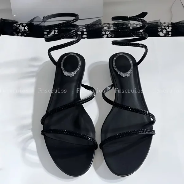 Summer Women Sandals Snake Twine Around Gladiator Sandals Flats Round Toe Rhinestone Ankle Elegant Wedding Party Shoes Ladies