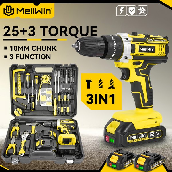 MELLWIN 25+3 Drehmoment-Akku-Schlagbohrschrauber, Elektroschrauber, Mehrzweck-Elektrowerkzeug-Set für Makita 18V Akku