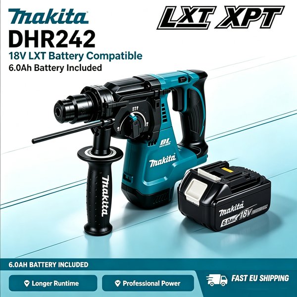 Makita DHR242 18V LXT – bezszczotkowy młotowiertarka, system SDS-Plus, średnica 24 mm, 3 tryby pracy, uderzenie 2,0 J, z akumulatorem 6,0 Ah, profesjonalne narzędzie do prac w betonie, wysyłka z