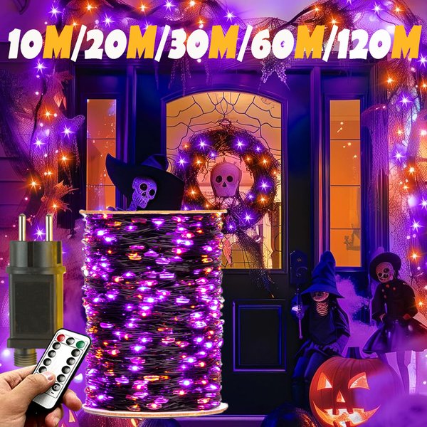 Guirlande lumineuse féerique en fil noir pour Halloween, 10-120m, violet et Orange, 8 Modes d'extérieur, pour noël, fête de rue, jardin