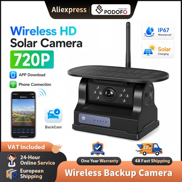 Podofo WiFi Kabellose Solar-Batterie 720P Infrarot-Nachtsicht Magnetkamera IP67 Wasserdicht Weitwinkel-Rückfahrkamera für Wohnmobil/LKW/Anhänger