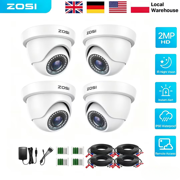 ZOSI 4er-Pack/2er-Pack 1080P HD-TVI Dome-Überwachungskameras 2MP 1920TVL für den Innen- und Außenbereich mit 80 Fuß IR-Nachtsicht CCTV-Videoüberwachung für den Heimschutz Analoger DVR-Recorder