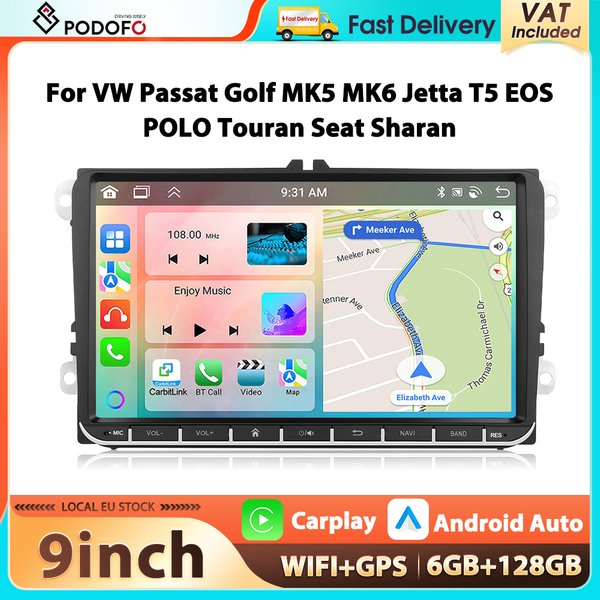 Autoradio Podofo 9'' 6+128G pour VW/PASSAT/GOLF/POLO/BORA, lecteur multimédia Carplay Android Auto BT GPS WIFI RDS EQ FM